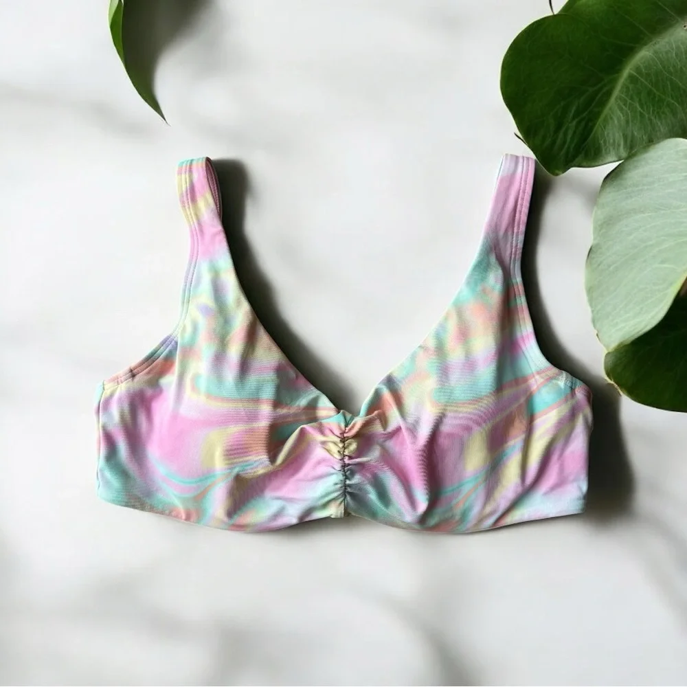Lands End Pastel Rainbow Swirl V-Neck Bikini Top - Picture 1 of 13